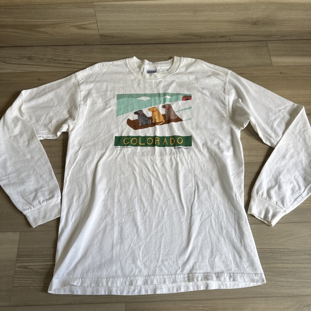 Vintage Gildan Stephen Huneck Colorado Greetings Dog Long Sleeve Shirt Large
